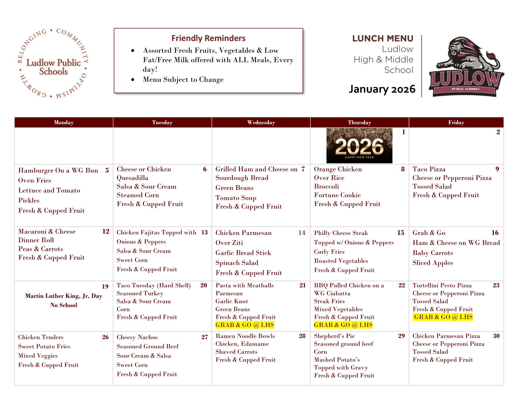 JANUARY 2026 LHS AND BMS LUNCH MENU